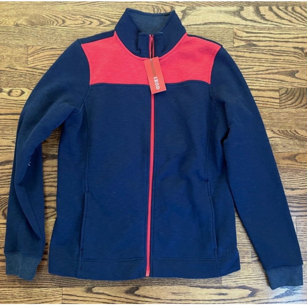 New with Tags Izod Zip Fleece Jacket Women’s Size Medium Red Navy Blue
